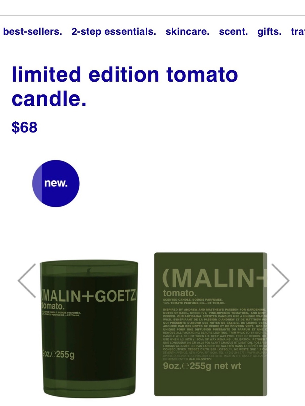 NWT MALIN+GOETZ Tomato Scented Candle